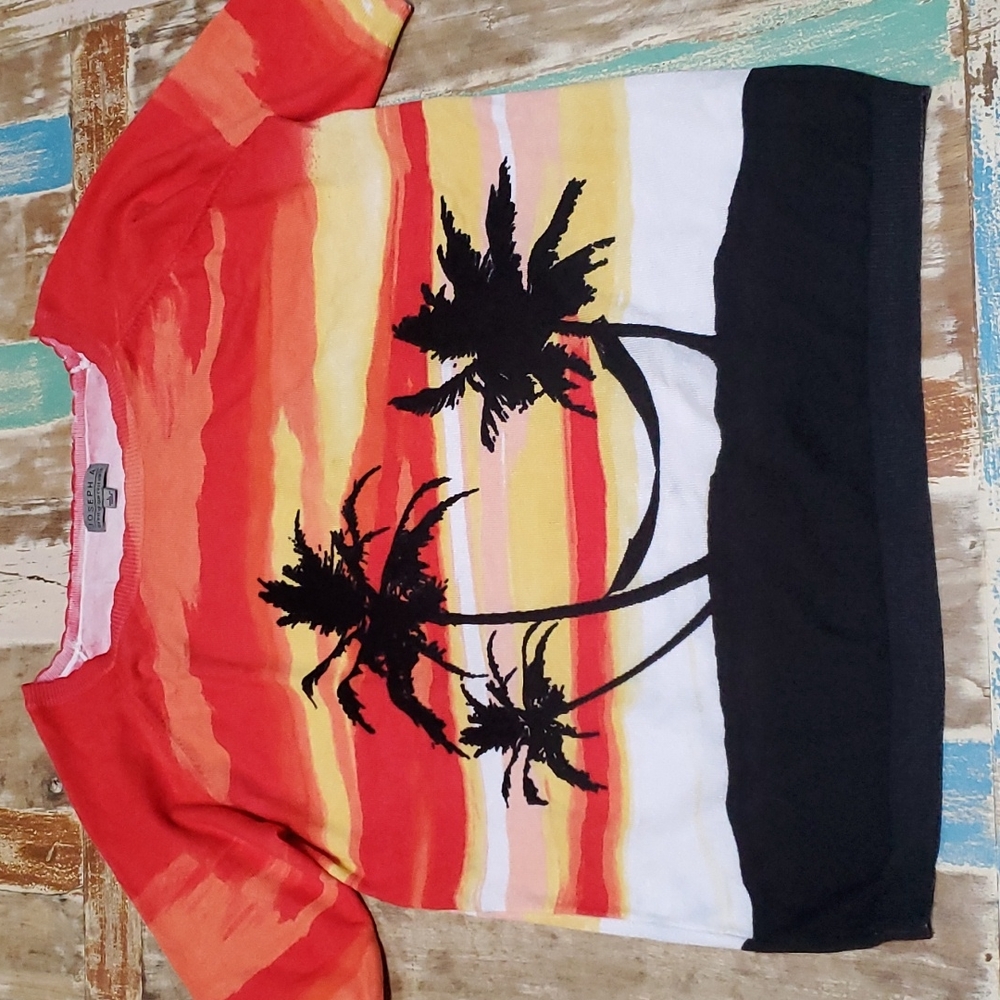 Joseph A. Sunset Siesta Palm Tree Short Sleeve Sweater Top